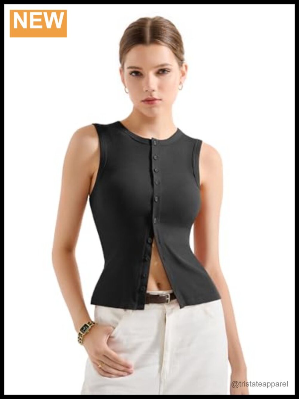 Women's Ribbed Button Down Tank Top Sleeveless Split Hem Y2K Going Out Top